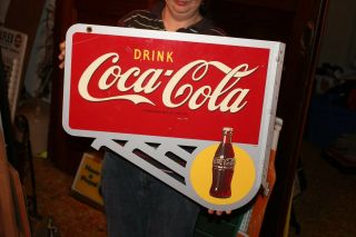 Coca Cola Fishtail Soda Pop Bottle 2 Sided 23 " Metal Flange Reissue Sign