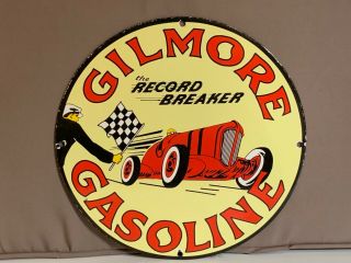 12 In Gilmore Record Breaker Gasoline Porcelain Enamel Sign Oil Gas Pump Plate