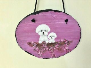 Hand Painted Bichon Frise And Baby Resting On Log Slate / Ann