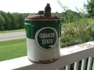 Antique Vintage 5 Gal Quaker State Oil Can With Wooden Bail Handler