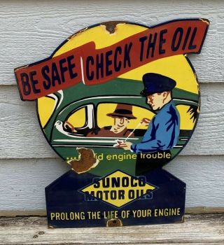 Vintage Sunoco Blue Gasoline Sign Porcelain Gas Pump Plate Service Station
