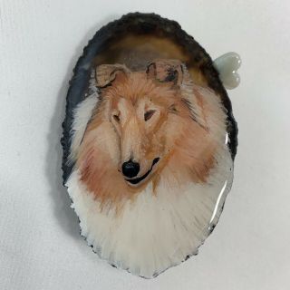 Collie Dog Handpainted Agate Removable Pin Pendant 3” Gift