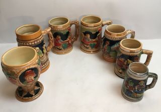 7 German Tankards Steins And Goblet Beer Larger Pub Collectable
