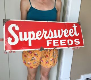 1950s Vtg Tin Metal Supersweet Feed Seed Sign Corn States Farm Tractor
