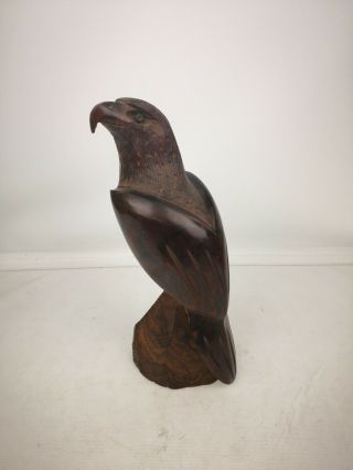 Hawk Falcon Eagle Carving Dark Wooden Statue Wood Carved Standing Bird 11” Top
