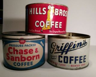" 3 " Vintage 1 Lb Coffee Tins Chase & Sanborn,  Griffins,  Hills Bros