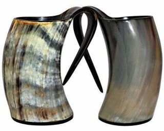 Set Of Two Viking Natural Drinking Horn Mugs For Beer Wine Tankard