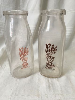 2 Vintage Half Pint Milk Bottles Pike Dairy Aurora Illinois Bottle