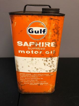 1 Vintage Antique Gulf Saphire Supreme Metal Motor Oil Can 2 Gallon With Lid