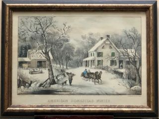 Authentic Currier & Ives Handcolored Lithograph,  " American Homestead Winter "