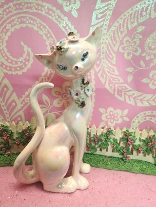Vtg Lefton Pink Luster Anthropomorphic Kitty Cat W Blue Crystal Eyes Floral Trim
