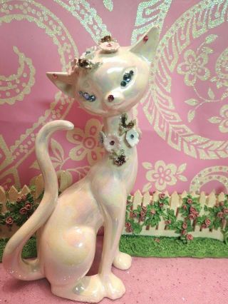 Vtg Lefton Pink Luster Anthropomorphic Kitty Cat W Blue Crystal Eyes Floral Trim 2
