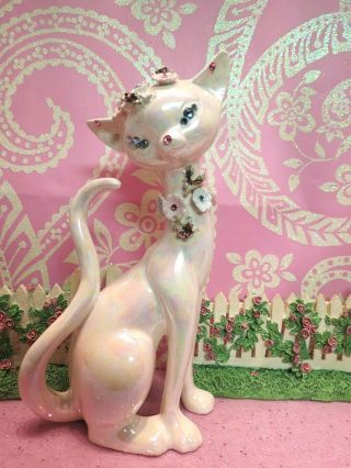 Vtg Lefton Pink Luster Anthropomorphic Kitty Cat W Blue Crystal Eyes Floral Trim 3
