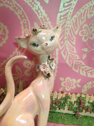 Vtg Lefton Pink Luster Anthropomorphic Kitty Cat W Blue Crystal Eyes Floral Trim 4