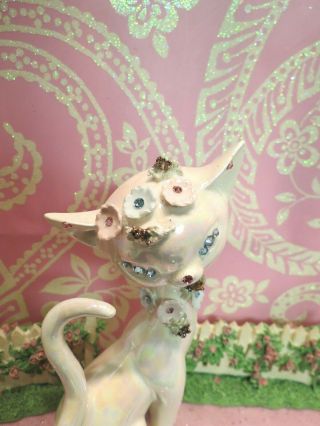 Vtg Lefton Pink Luster Anthropomorphic Kitty Cat W Blue Crystal Eyes Floral Trim 5