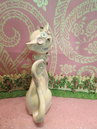 Vtg Lefton Pink Luster Anthropomorphic Kitty Cat W Blue Crystal Eyes Floral Trim 7