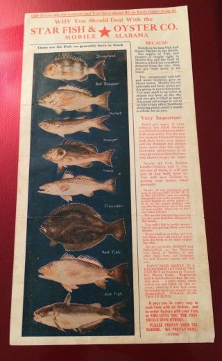 Vintage Star Fish & Oyster Co Mobile Alabama Price List