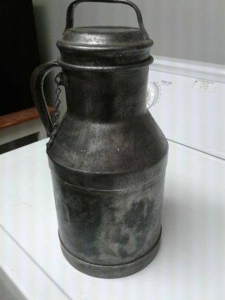Vintage Metal Tin Steel Milk Jug With Lid & Chain S I D On The Front 11.  5 Inches