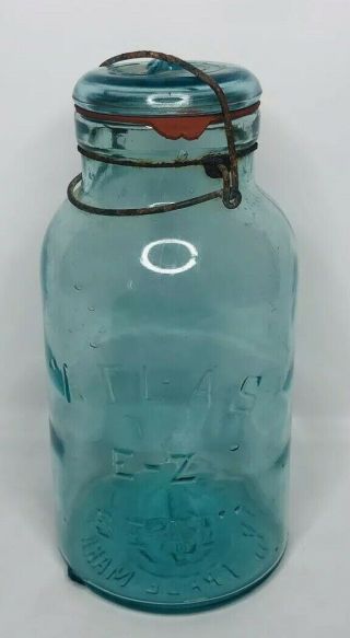 Vintage Turquoise Blue Atlas E - Z Seal Mason Canning Fruit Jar 10 "