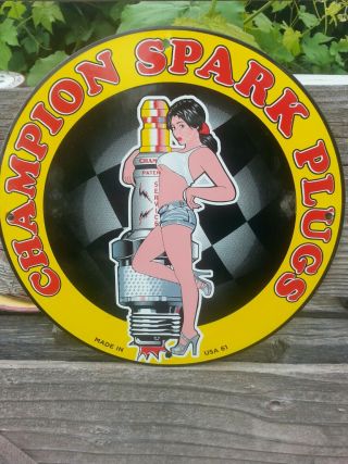 Vintage 1961 Champion Spark Plug Porcelain Sign Gas Station Oil Pump Pinup Nos