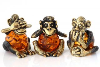 Wise Monkeys Brass Bronze Figurine Baltic Amber Speak See Hear No Evil Feng Shui
