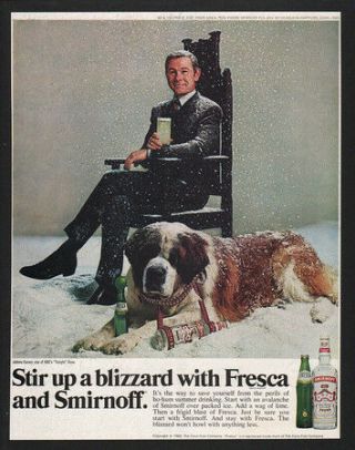 1969 Smirnoff Vodka - Johnny Carson - St.  Bernard Dog - Fresca - Snow Vintage Ad