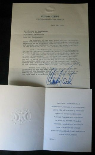 Ca 1968 A Delegate Rnc Convention Signed Letter Florida Gov.  Claude Kirk Ygf