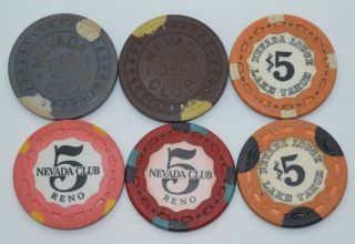 Set Of 6 Nevada Club/lodge $5 Casino Chips Lake Tahoe/reno Nevada
