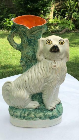 Antique 19th Century England Staffordshire White Spaniel Dog Spill Vase 13 "