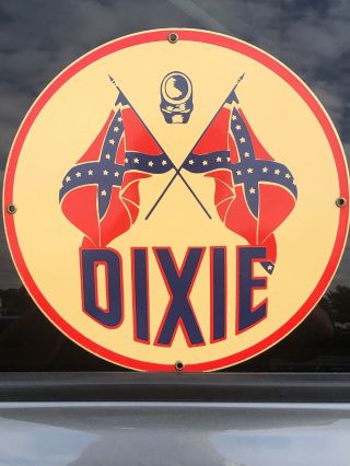 Vintage Dixie Gas Oil Porcelain Pump Sign Plate Confed Flag Ande Rooney Usa
