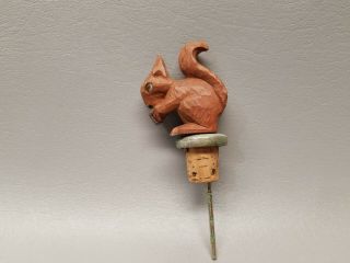Vintage Hand Carved Squirrel Bottle Stopper Cork 2 1/2 " Wooden Wood