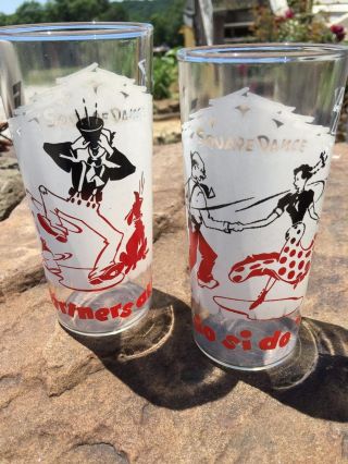 2pc Square Dance Vintage Drinking Glasses 3 Color Dancing Couple Dog Barware