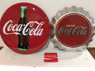 1990 Coca - Cola Button 1 Foot In Diameter & 1999 Bottle Cap Decor & Magnet