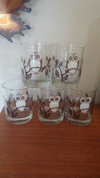 Set Of 5 Mid Century Modern Vintage Toscany Barware Owl Rocks Glasses