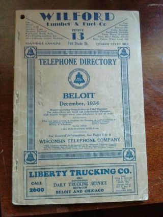 1934 Beloit Wisconsin Telephone Directory Phone Book Advertising Genealogy Wi
