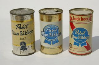 3 Different Pabst Flat Top Beer Cans Bock Beer Blue Ribbon Indoor No Res