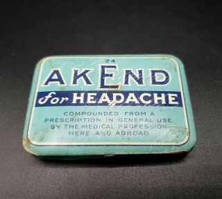 Vintage Acme Medicine Tin Akend For Headache By Gibson - Howell Co Jersey City Nj