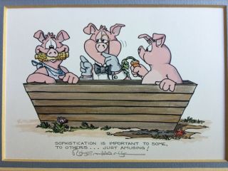 Vintage Robert Marble Signed Print Double Mat Pigs Sophistication Is Important