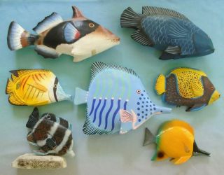 Vintage Hand Painted Carved Wood Tropical Fish Set Of 7