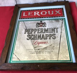 Vintage “leroux Peppermint Schnapps Liqueur” Bar Mirror Sign With Wood Frame