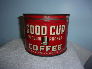 Vintage 1 Lb Good Cup Coffee Can Key Wind E.  R.  Godfrey & Sons Milwaukee Wisc