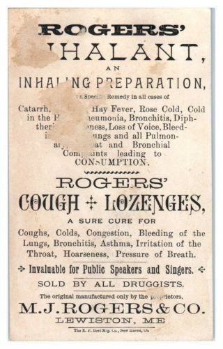 Rogers Inhalant,  Cough,  Lozenges,  Lewiston,  ME Cat ' s Dining Victorian Trade Card 2