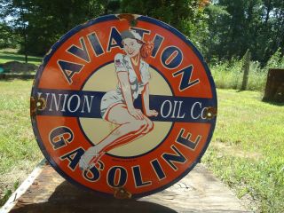 Rare Old 1951 Union Oil Aviation Gasoline Porcelain Enamel Gas Pump Sign