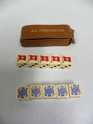 Set Of " 10 " Vintage Die Dice Game In S.  S.  Constitution Marked Carrying Case (a5)