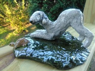 Bedlington Terrier Dog With Turtle Sculpture Figurine Statue Signed Ooak