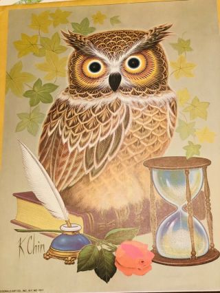 1973 Donald Art Co.  Litho By K.  Chin Owl,  Hourglass Lithograph