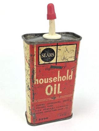 Sears Tin Oiler Can 4 Oz.  Light Duty Household Oil 60s Logo Litho Almost Full