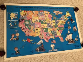 1992 Snoopy Peanuts Paper Wall Poster Metlife Representatives Map Of Usa Rare