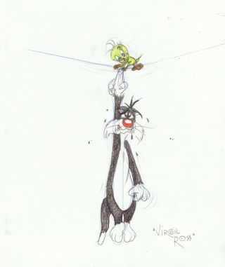 Signed Virgil Ross Warner Brothers Drawing Sylvester And Tweety Bird