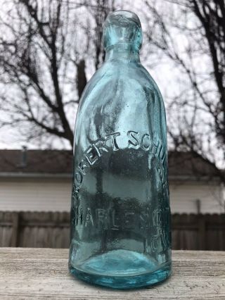 Charles City,  Iowa Robert Schulze Rare Teal Blob Top Soda Bottle 1870s